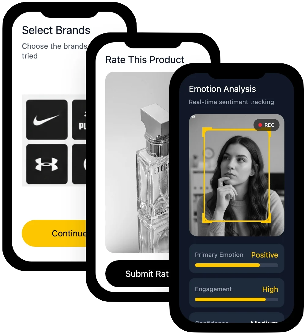 Mobile screens showing AI-moderated interview flows